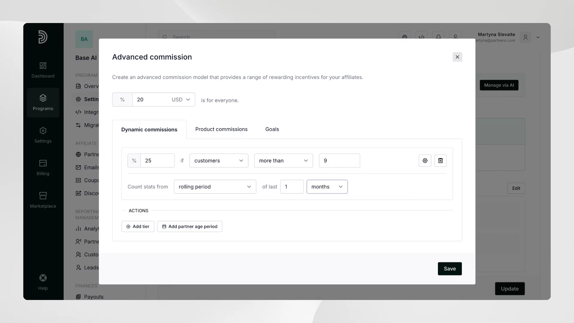 setting up time-based commissions on Partnero